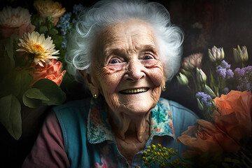 Happy old woman smiling. Created with Generative AI technology.