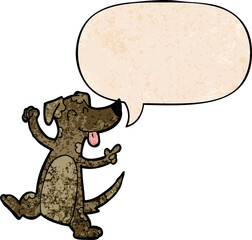 cartoon dancing dog and speech bubble in retro texture style