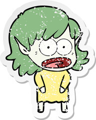 distressed sticker of a cartoon shocked elf girl
