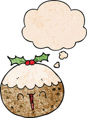 cute cartoon christmas pudding and thought bubble in grunge texture pattern style