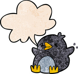 cartoon penguin and speech bubble in retro texture style