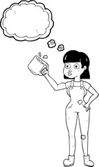 thought bubble cartoon female worker with coffee mug