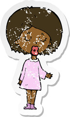 retro distressed sticker of a cartoon woman explaining her point