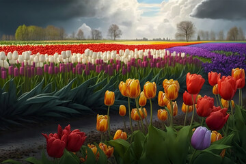 A Colorful Tulip Garden in Full Bloom. Generative AI