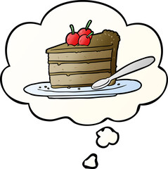 cartoon chocolate cake and thought bubble in smooth gradient style