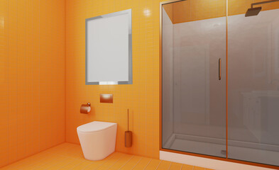 Shower room: spacious shower stall and stylish yellow ceramic tiles. 3D rendering.. Empty paintings