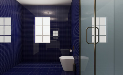 Shower room: spacious shower stall and elegant blue ceramic tiles. 3D rendering.