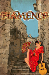 Spanish Flamenco dancer girl with guitar, vector illustration	