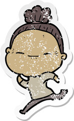 distressed sticker of a cartoon peaceful old woman