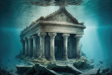 sunken intact greek temple, fish swimming around created with Generative AI technology