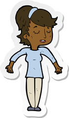 sticker of a cartoon friendly woman shrugging shoulders