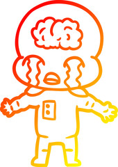 warm gradient line drawing cartoon big brain alien crying