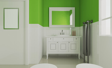 Stylish green and white bathroom interior with window. 3D rendering.. Mockup.   Empty paintings