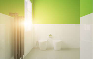 Fototapeta na wymiar Green layering in a white bathroom with a window: creating harmony. 3D rendering.. Sunset.