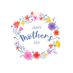 Lovely hand drawn floral wreath, doodle flowers and text 