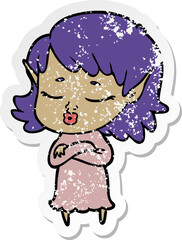 distressed sticker of a pretty cartoon elf girl with corssed arms