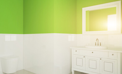 Fototapeta na wymiar White bathroom with window enlivened with green accessories. 3D rendering.. Sunset.