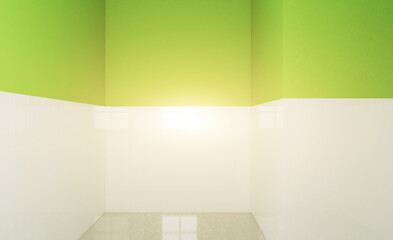 Fresh and clean bathroom design with white trim and green details. 3D rendering.. Sunset.