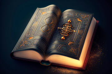 Quran, Koran, Holi book. Abstract Open book in islamic style on a dark background. Prayer, Reading Coran. Eid Mubarak Ramadan Kareem wallpaper. Generative ai illustration