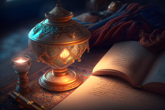 Open book Koran and Ramadan lantern. Reading Quran, prayer. Abstract Open book in islamic style, lantern on a dark background. Eid Mubarak Ramadan Kareem wallpaper. Generative ai illustration