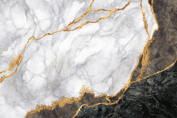 abstract black white background of marble texture with golden veins. Marbling wallpaper. ...