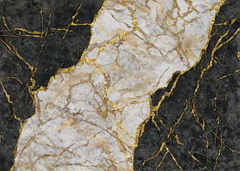 abstract background, black and white marble with golden veins, japanese kintsugi technique, fake painted artificial stone texture, marbled wallpaper, digital marbling illustration