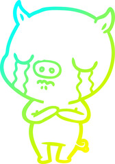 cold gradient line drawing cartoon pig crying