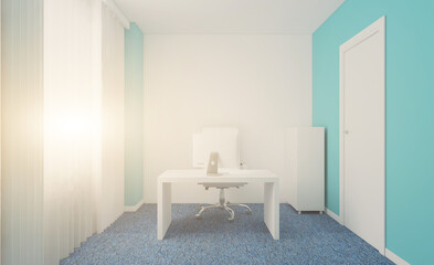 Strict and functional office with a desk. Sunset.. 3D rendering.