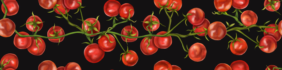 Seamless hand drawn pattern with cherry tomatoes. Vegetable background for textiles, fabrics, banner, wrapping paper, and other designs. Digital illustration on black background