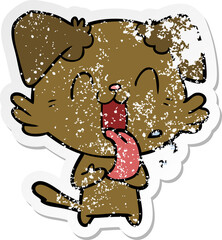 distressed sticker of a cartoon panting dog