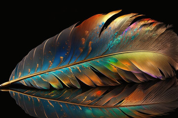 big colorful feather, shimmers in different bright colors, black background created with Generative AI technology