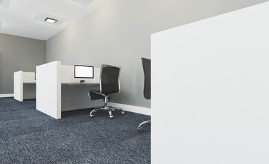 Open space office interior with like conference room. Mockup. 3D rendering.