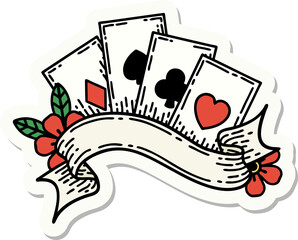 tattoo style sticker of cards and banner