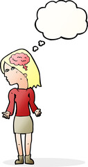 cartoon clever woman shrugging shoulders with thought bubble