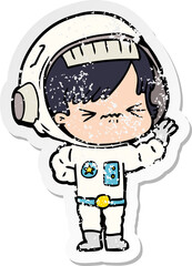 distressed sticker of a cartoon astronaut woman