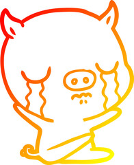 warm gradient line drawing cartoon sitting pig crying