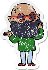 distressed sticker of a cartoon worried man with beard and sunglasses