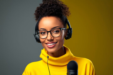Ethnic radio presenter in bright yellow sweaters, headphones and glasses is recording podcast near microphone in studio, generated Ai