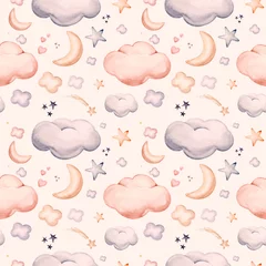 Selbstklebende Fototapeten Seamless pattern with blue clouds, gold stars and moons. Watercolor hand drawn kids illustration. white isolated nursery background © kris_art