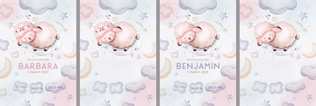 Watercolor hand drawn illustration of a cute baby sheep, lamb, sleeping on the moon and the cloud. Baby Shower Theme Invitation birthday Template