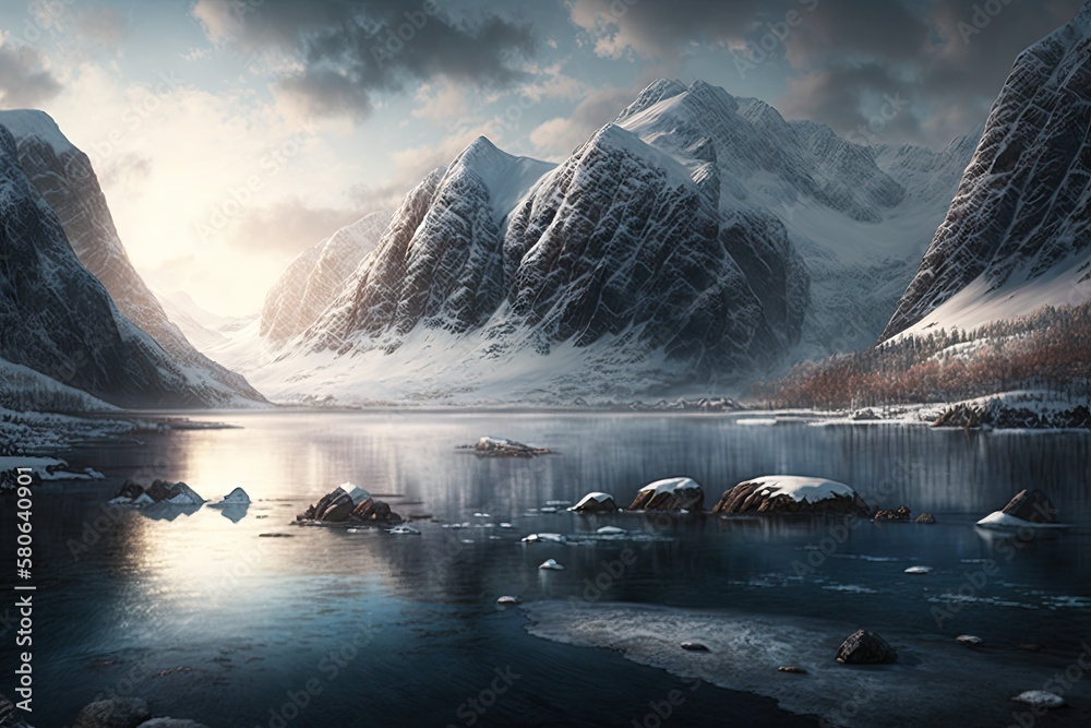 Canvas Prints a frozen fiord with a picturesque mountain range in the background., created with generative ai