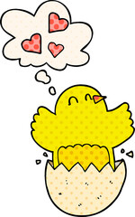 cute hatching chick cartoon and thought bubble in comic book style