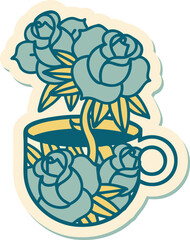 tattoo style sticker of a cup and flowers