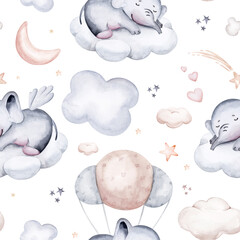 Watercolor pattern for children with sleeping elephant. print for baby fabric, poster pink with beige and blue clouds, moon, sun. Nursery print illustration textile