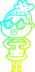 cold gradient line drawing cartoon woman with book wearing spectacles