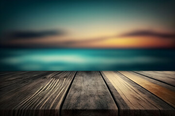 Seaside Showcase: Display Your Products on a Wooden Table with a Beautiful Beach Backdrop, Complete with Display Stand and Nature Concept. Generative AI