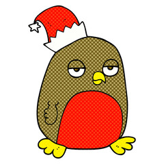 cartoon christmas robin wearing santa hat