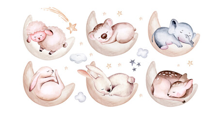 Watercolor elephant animal illustration of a cute baby sheep, lamb, sleeping rabbit and bunny, koala and deer fawn on the moon and the cloud. Baby Shower fox nursery Theme Invitation