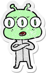 distressed sticker of a cartoon three eyed alien