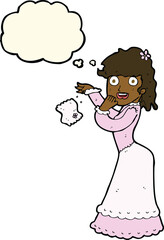 cartoon victorian woman dropping handkerchief with thought bubble
